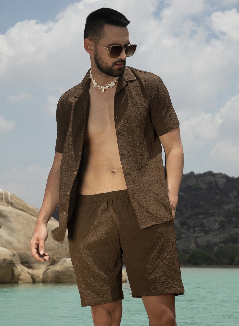 Campus Sutra Men's Chocolate Brown Crease-Box Co-Ord Set For Casual Wear | Spread Collar | Short Sleeve | Button Closure | Co-Ords Crafted With Comfort Fit For Everyday Wear - Image 3